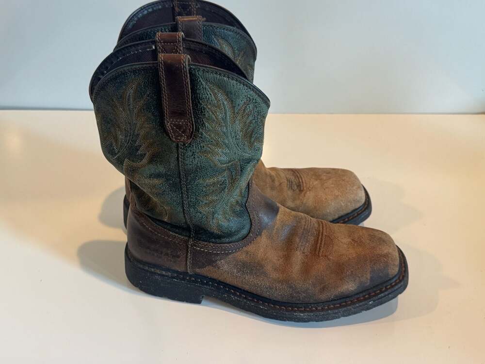 Ariat Men's Sierra Wide Square Toe Work Boots Brown and Green Leather 10.5D
